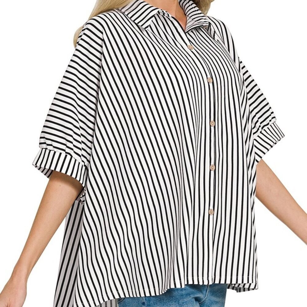 NWT Zenana Oversized Stripe Button Down Shirt – Bold Striped Blouse - Picture 2 of 3